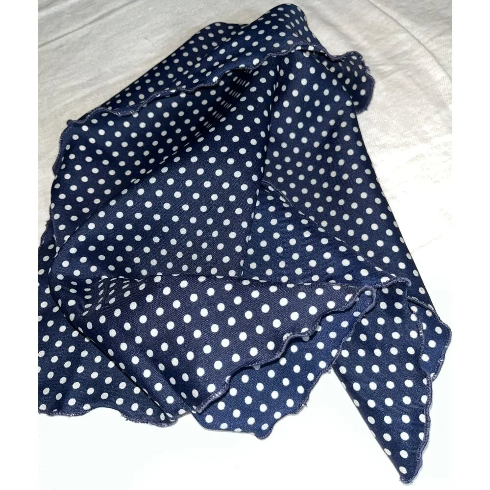 Vintage Scarf Lettuce Edge Polka Dot Blue 29"x9" Classic Chic Womens - Picture 8 of 8